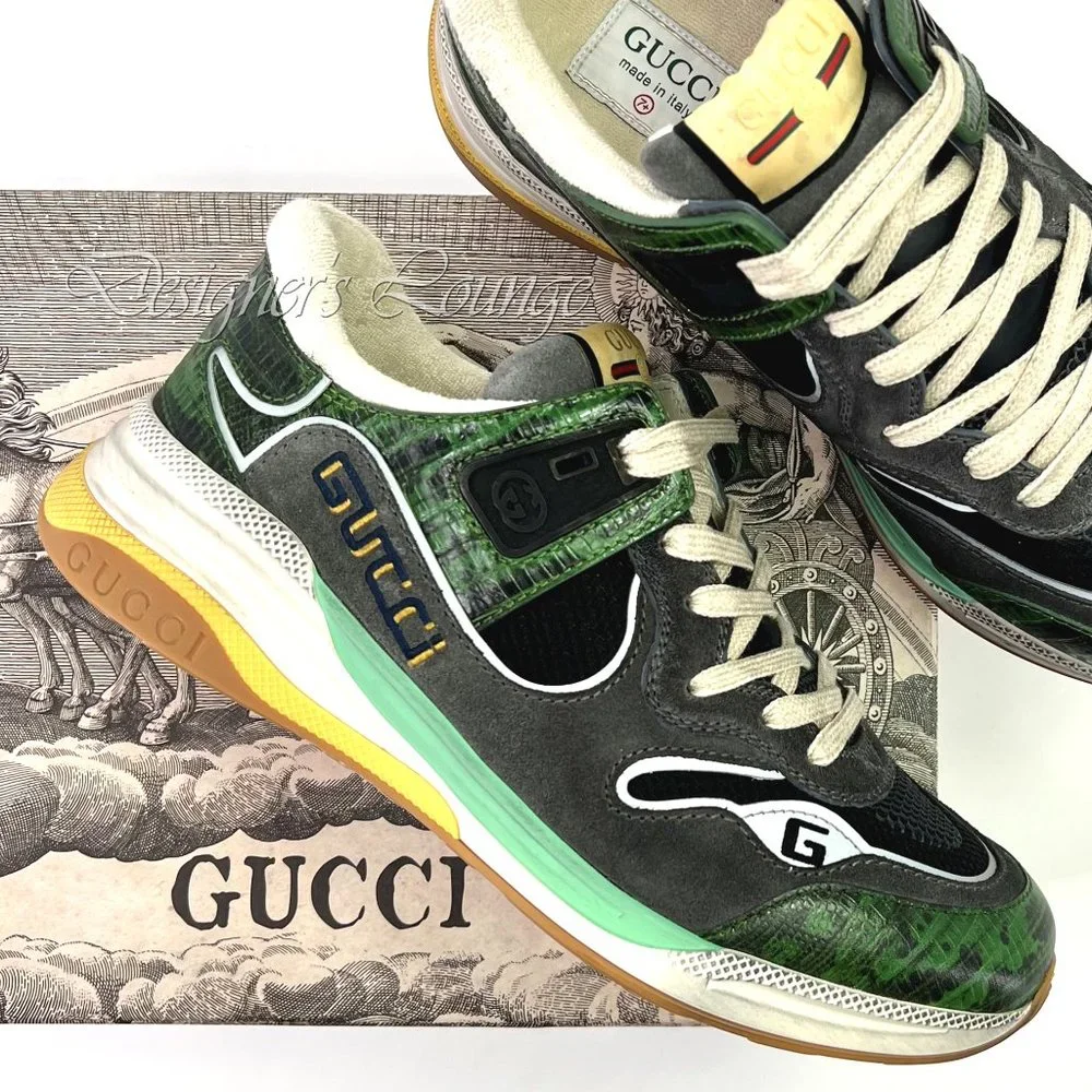 NEW GUCCI Men's ULTRAPACE Low Top Sneakers In Green Tejus Leather G 7.5 / US 8